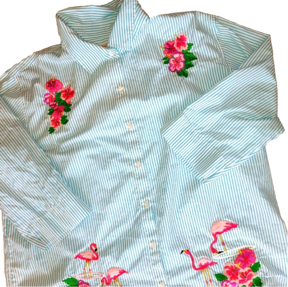 Flamingo Floral Embroidered Button Blouse 1x